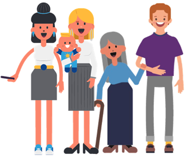 Three women, a man and a baby smiling